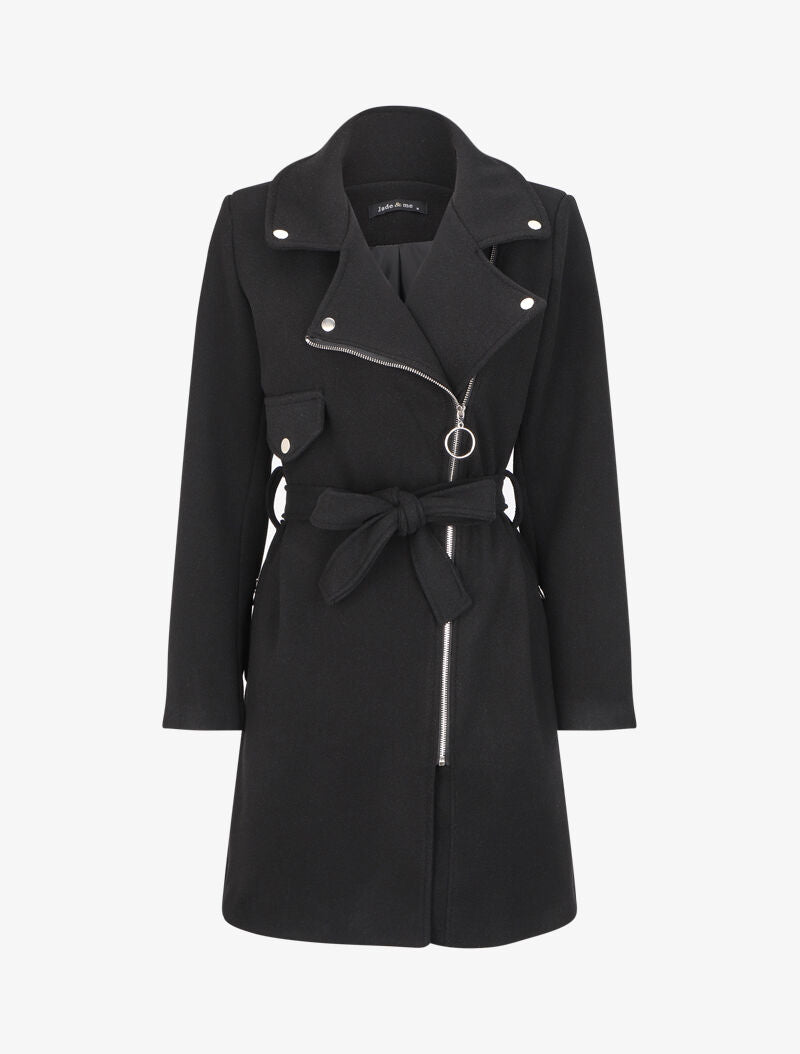 Manteau mi-long à zip asymétrique - Noir - 1