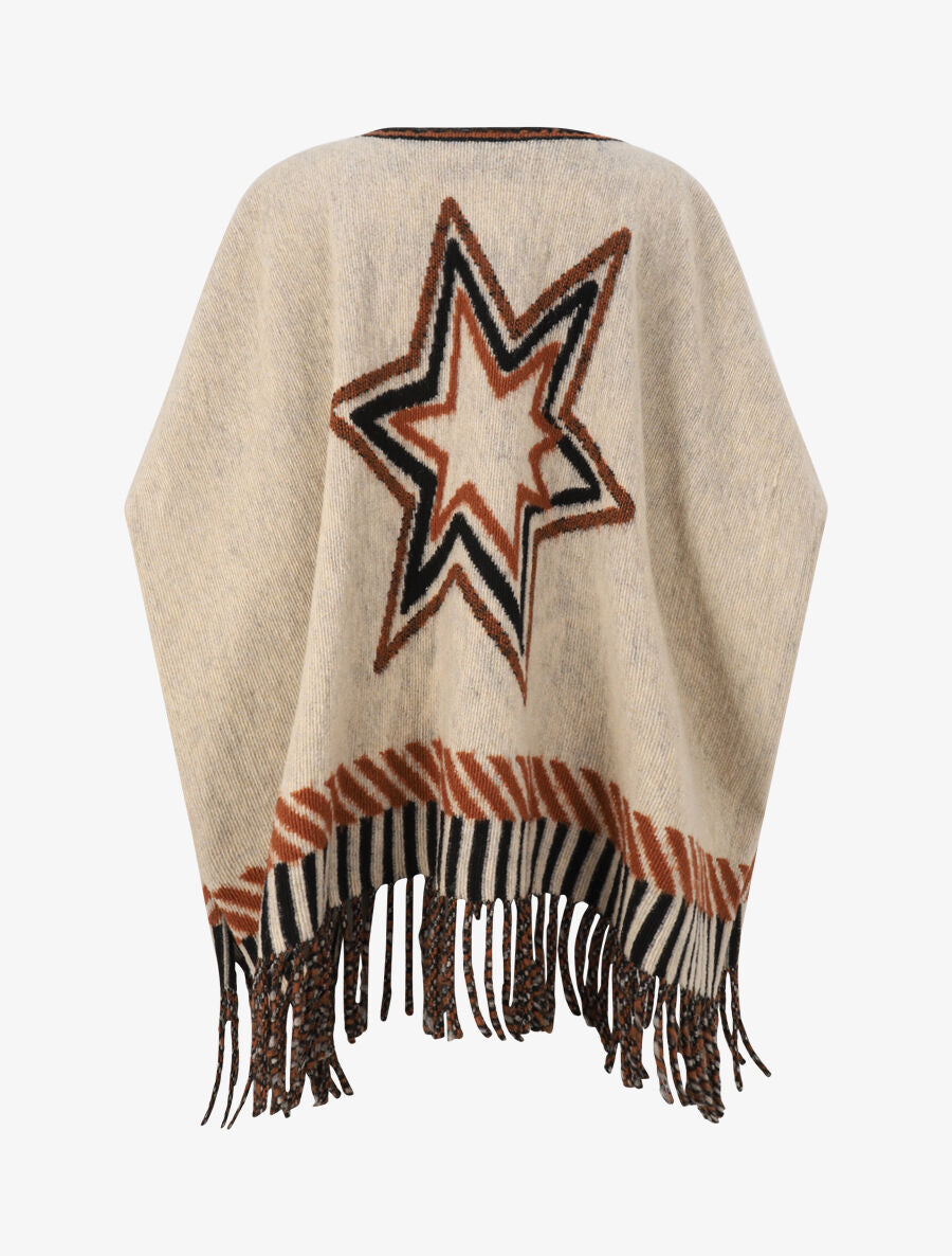 Poncho à franges et motif étoile - Beige - 2