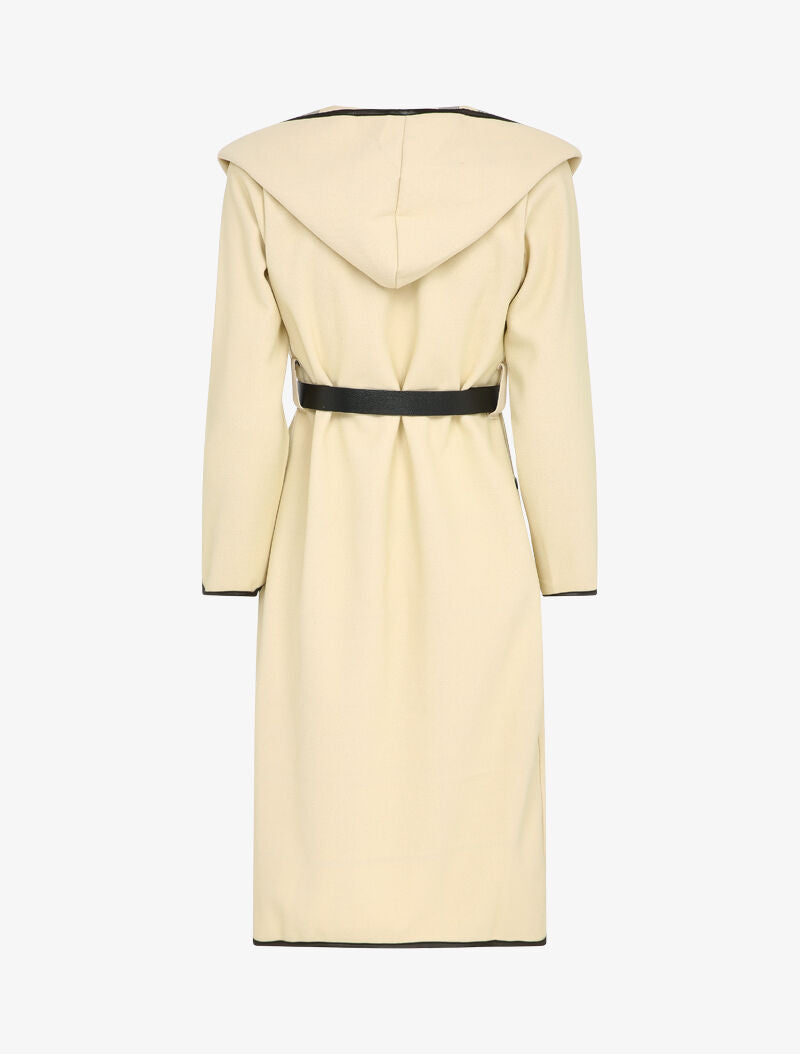 Manteau long à capuche à revers à carreaux - Beige - 2