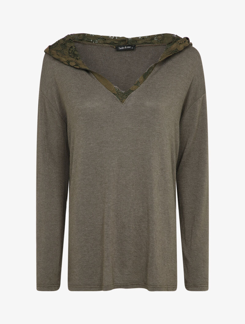 Pull fin à capuche en dentelle - Taupe - 1