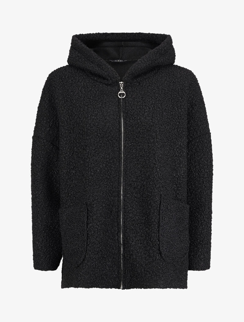 Manteau oversize à capuche en maille bouclette - Noir - 1