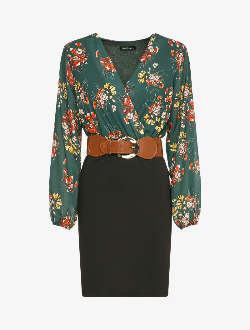 Robe cache-coeur bi-matière imprimé fleuri - Vert - 4