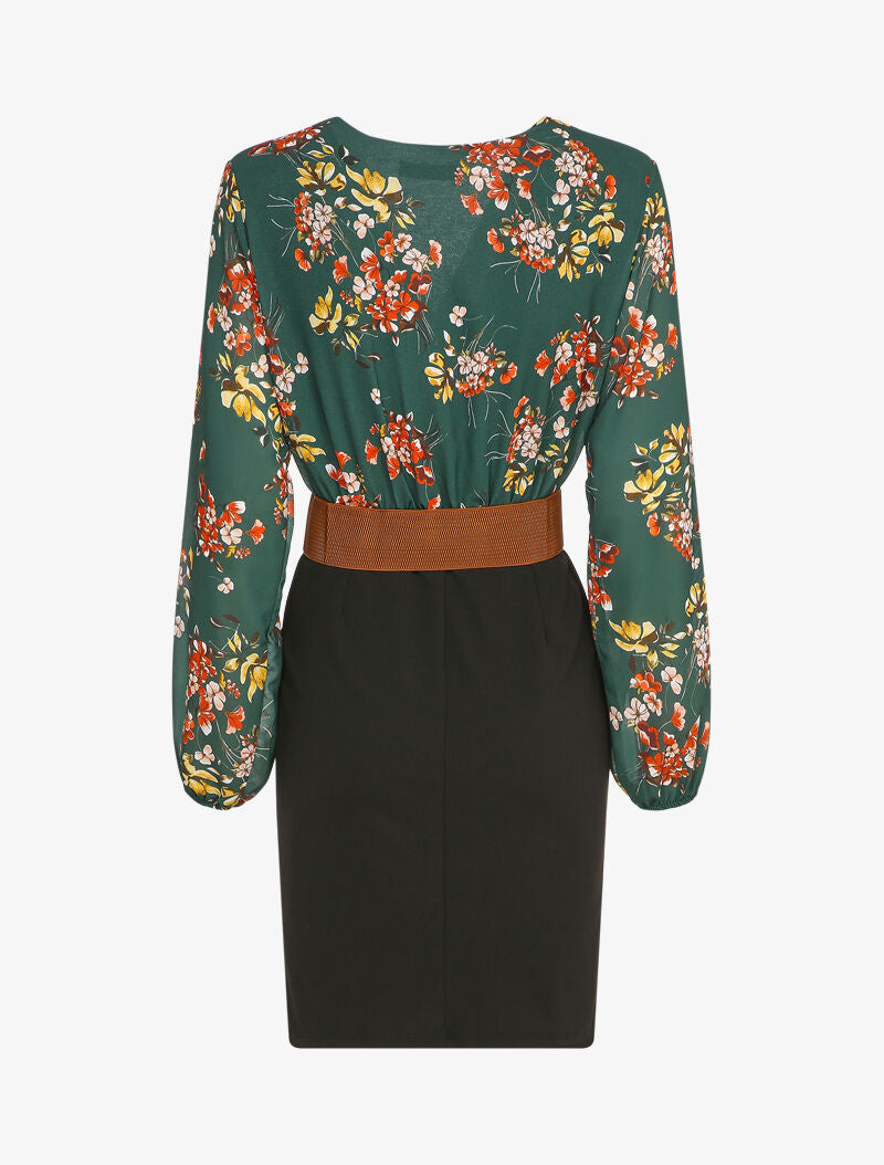 Robe cache-coeur bi-matière imprimé fleuri - Vert - 2