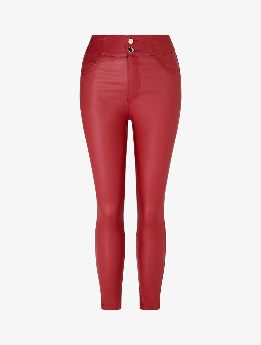 Pantalon uni en simili à 2 boutons - Bordeaux - 4
