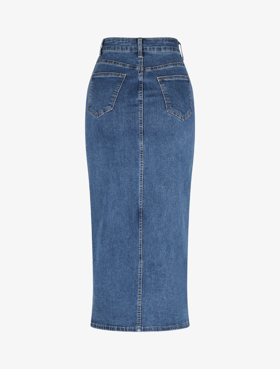 Gerader Jeansrock mit Schlitz - Blau