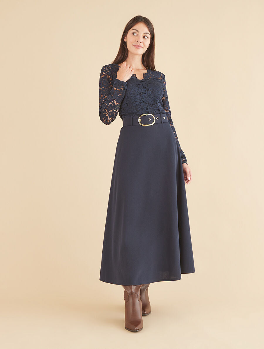 Jupe trapèze ceinturée - Marine - 4