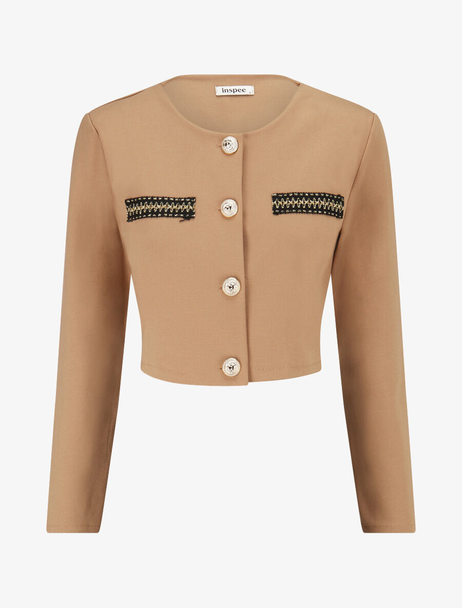 Veste courte empiécement brodé - Taupe - 1