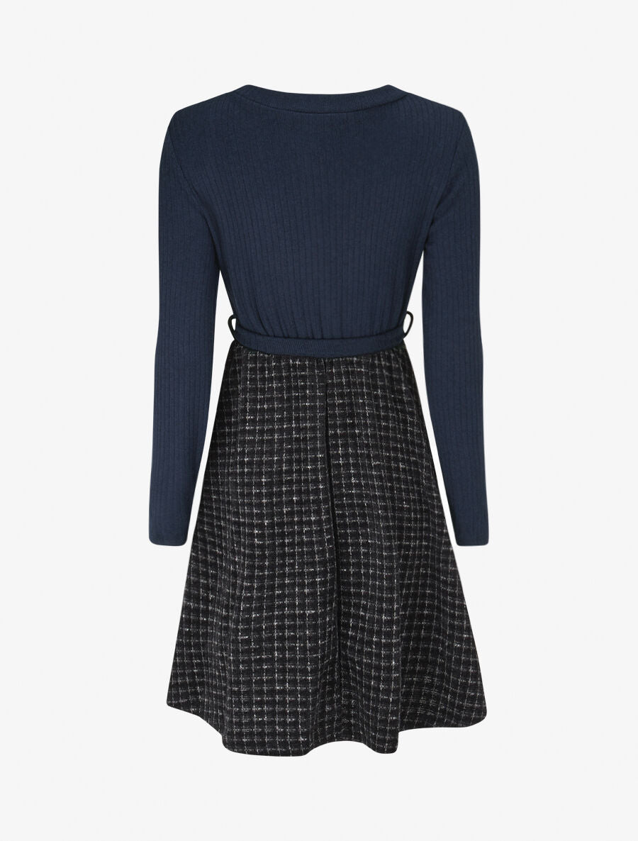 Robe bimatière à jupe imprimé carreaux - Marine - 2