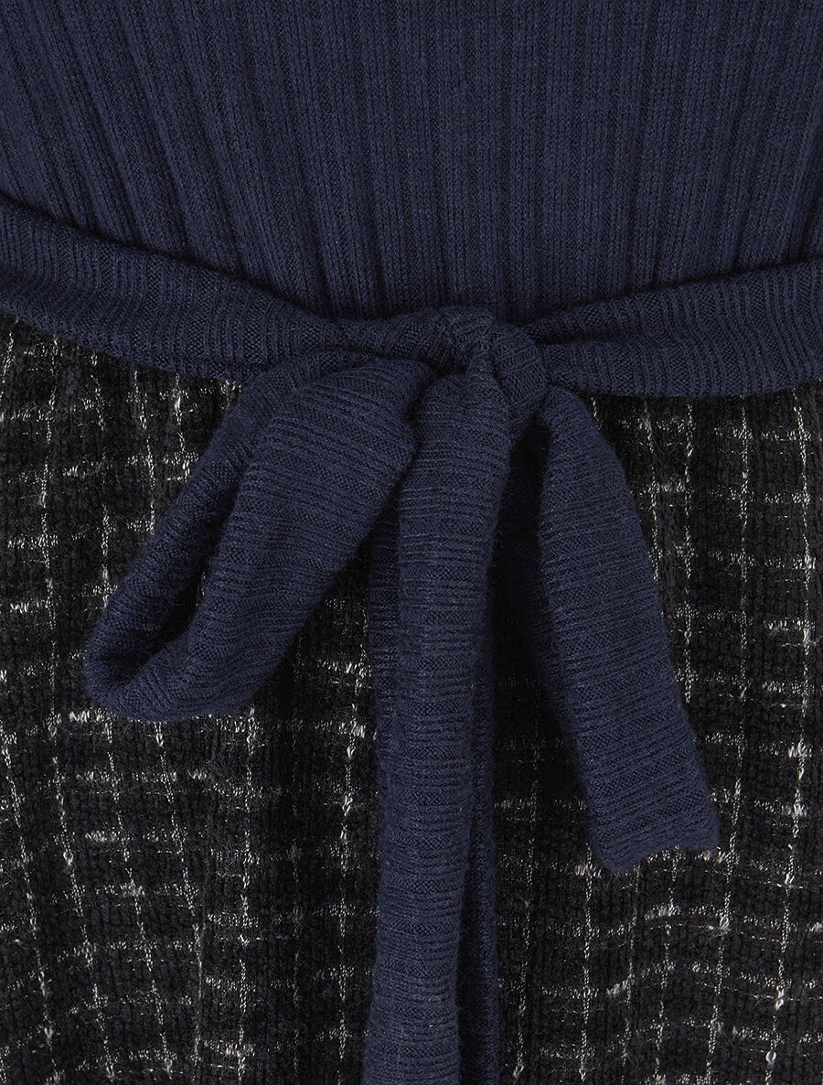 Robe bimatière à jupe imprimé carreaux - Marine - 3