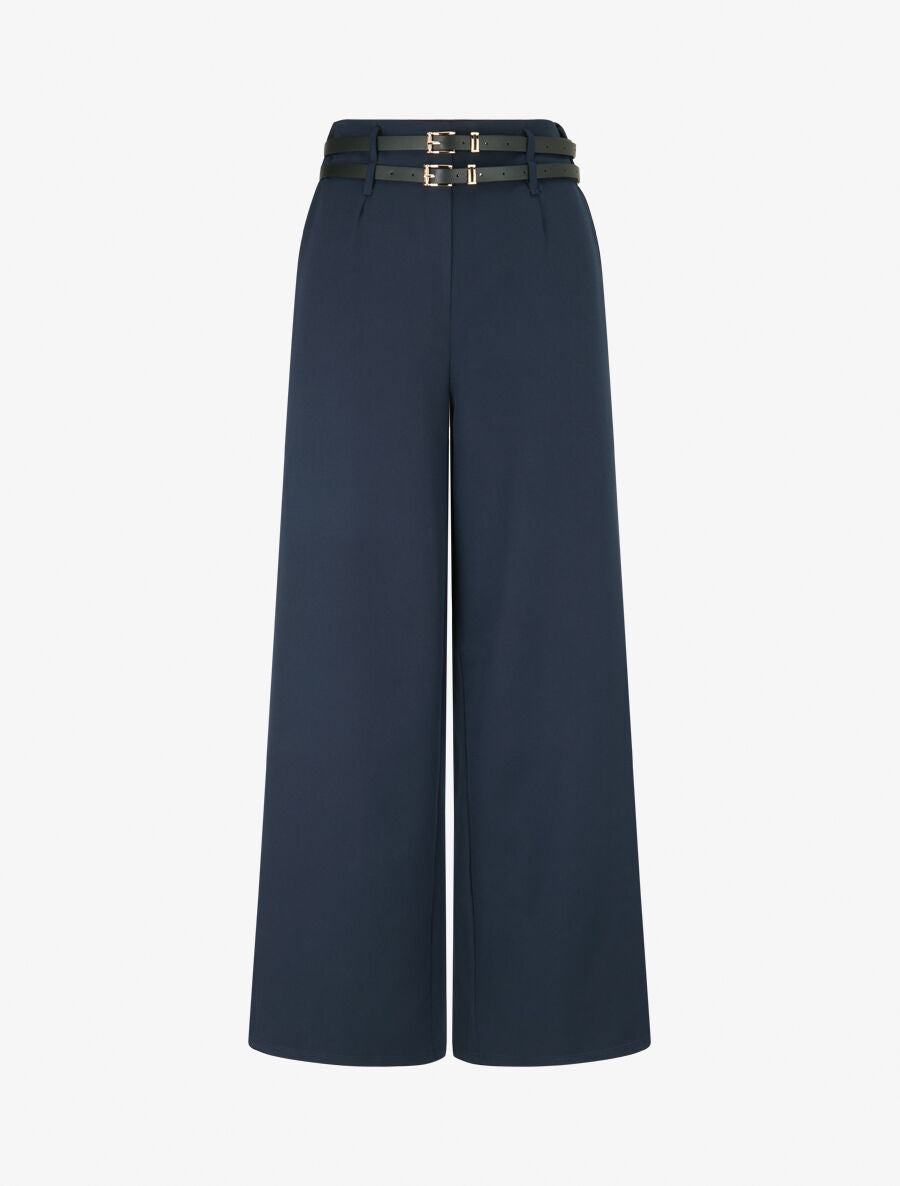 Pantalon wide leg à double ceintures - Marine - 5