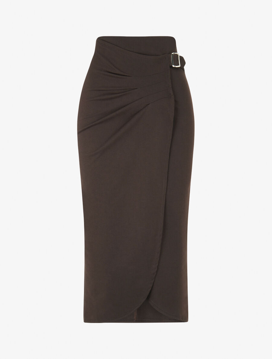 Jupe longue uni effet portefeuille - Marron - 4
