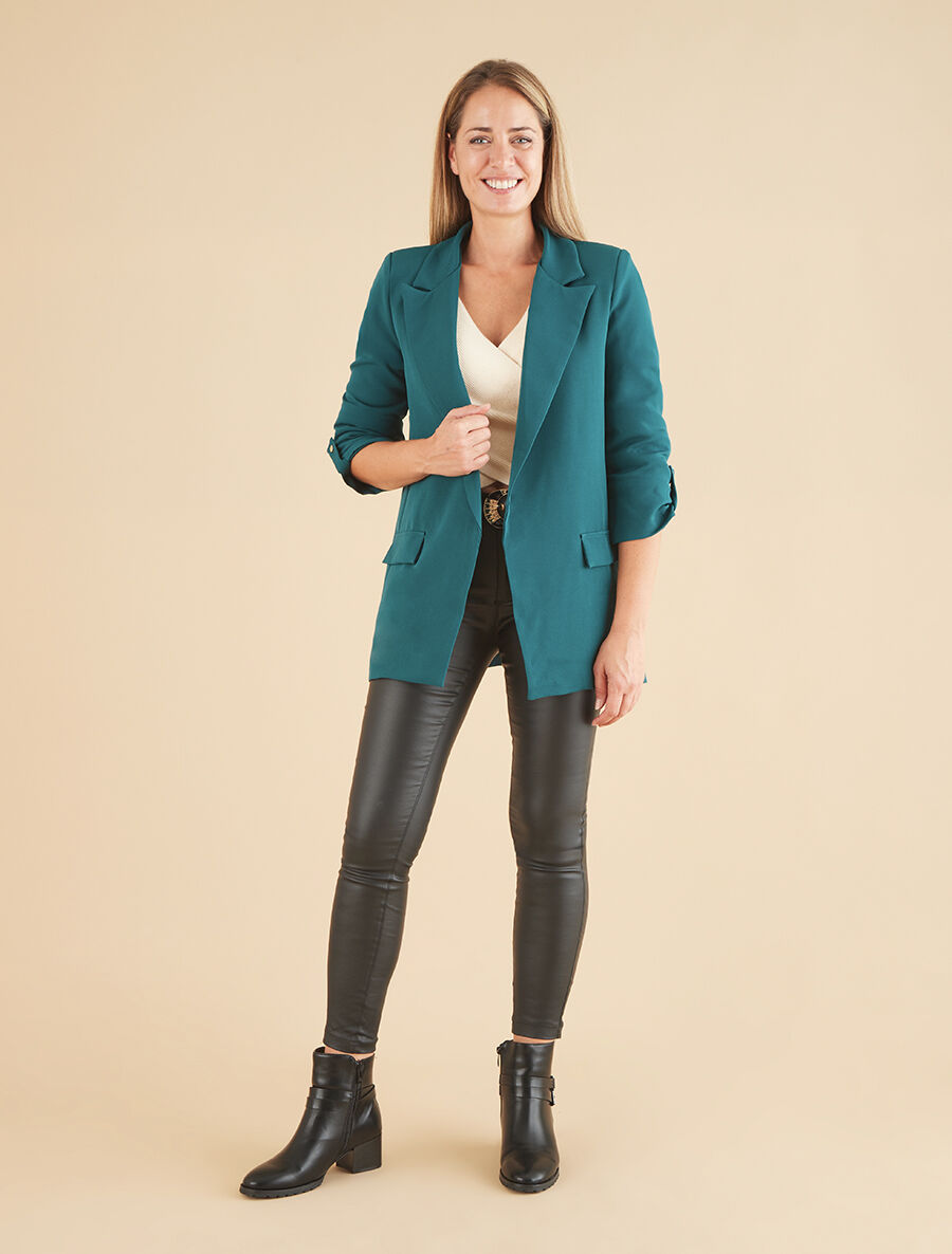 Blazer mi-long uni à manches retroussables - Bleu canard - 4