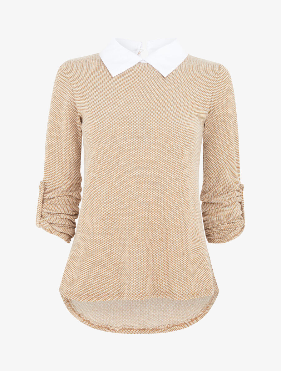 Pull fin à col chemise et manches retroussables - Camel - 1