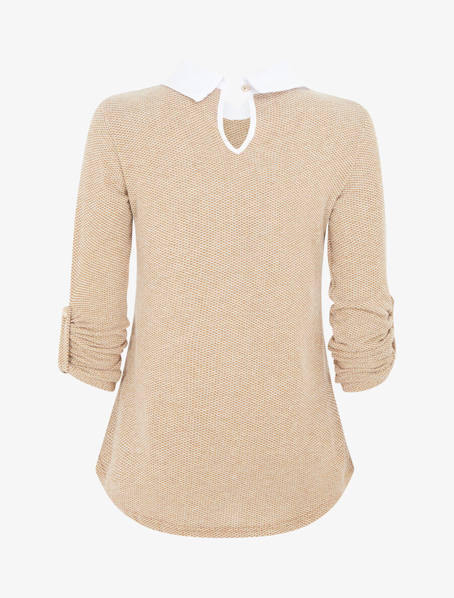 Pull fin à col chemise et manches retroussables - Camel - 2