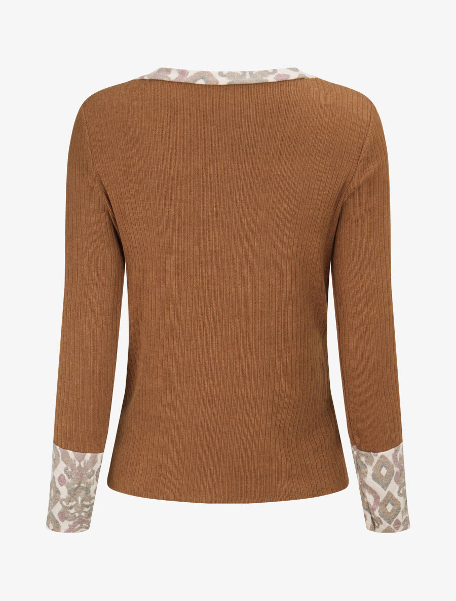 Pull côtelé à imprimé graphique et boutons décoratifs - Camel - 2