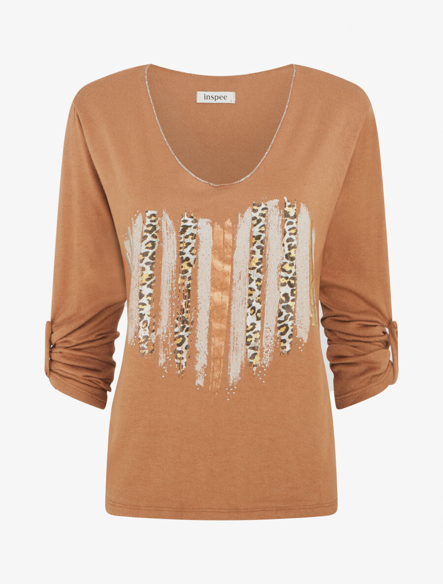 Pull fin à flocage coeur et strass - Camel - 4