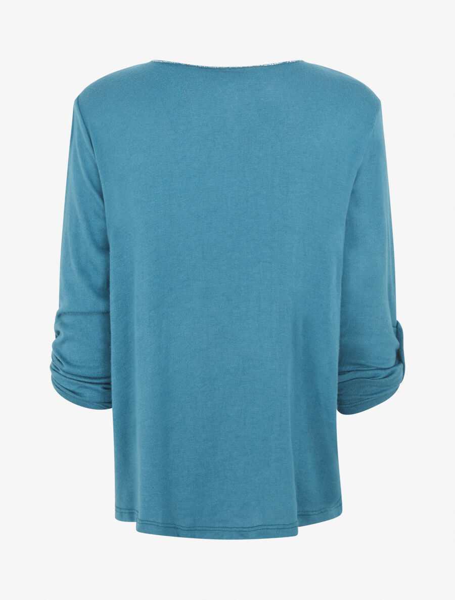 Pull fin à flocage coeur et strass - Bleu canard - 2