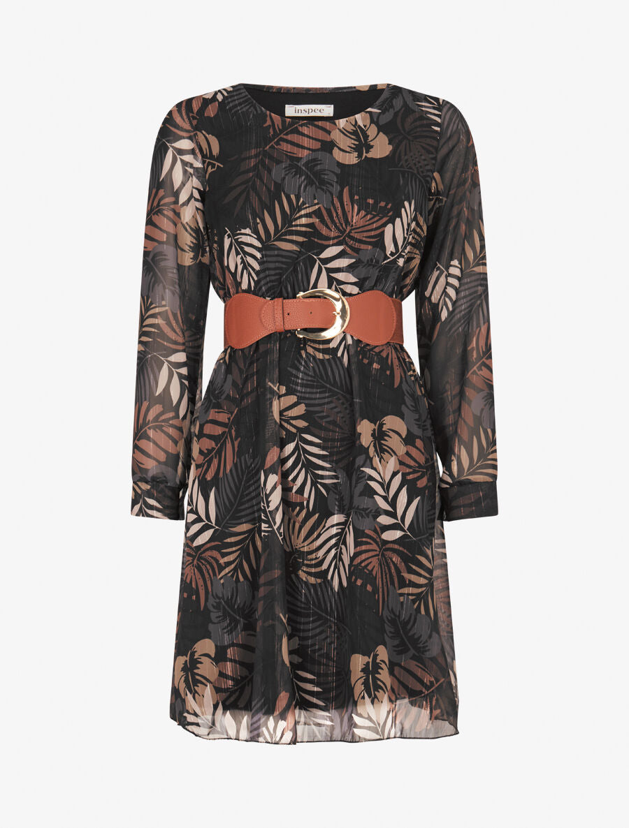 Robe légère en voile lamé imprimé feuilles tropicales - Noir - 1