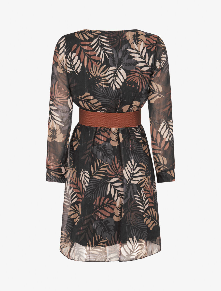 Robe légère en voile lamé imprimé feuilles tropicales - Noir - 2