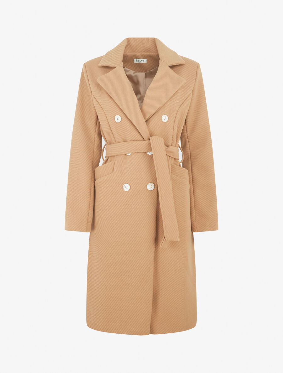Manteau uni à boutons décoratifs - Camel - 1