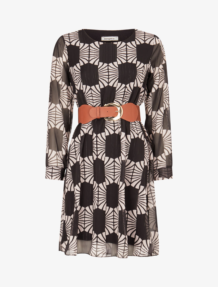 Robe légère en voile lamé imprimé marguerites stylisées - Noir - 4