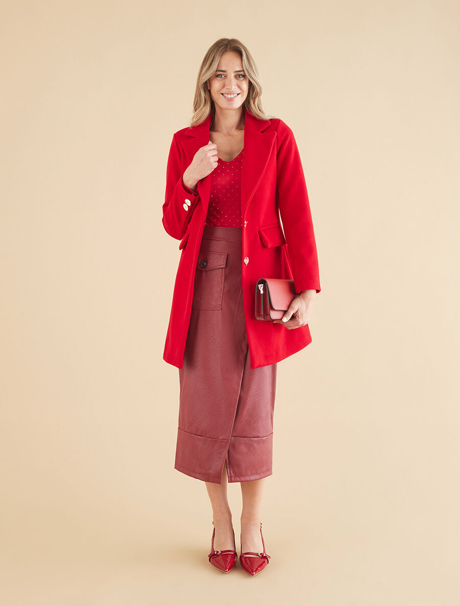 Manteau texturé à boutons décoratifs dorés - Rouge - 4