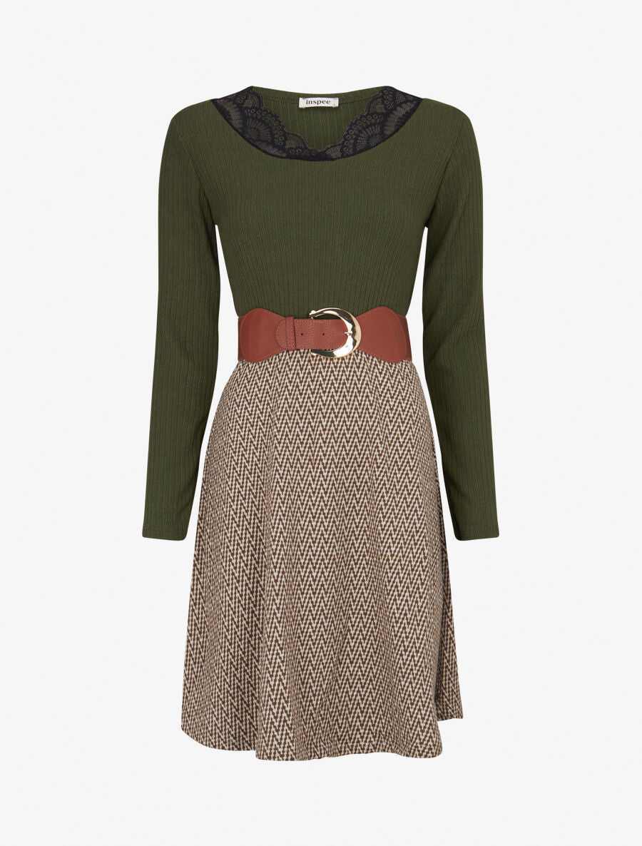 Robe patineuse à jupe irisée et imprimé zig-zag - Kaki - 5