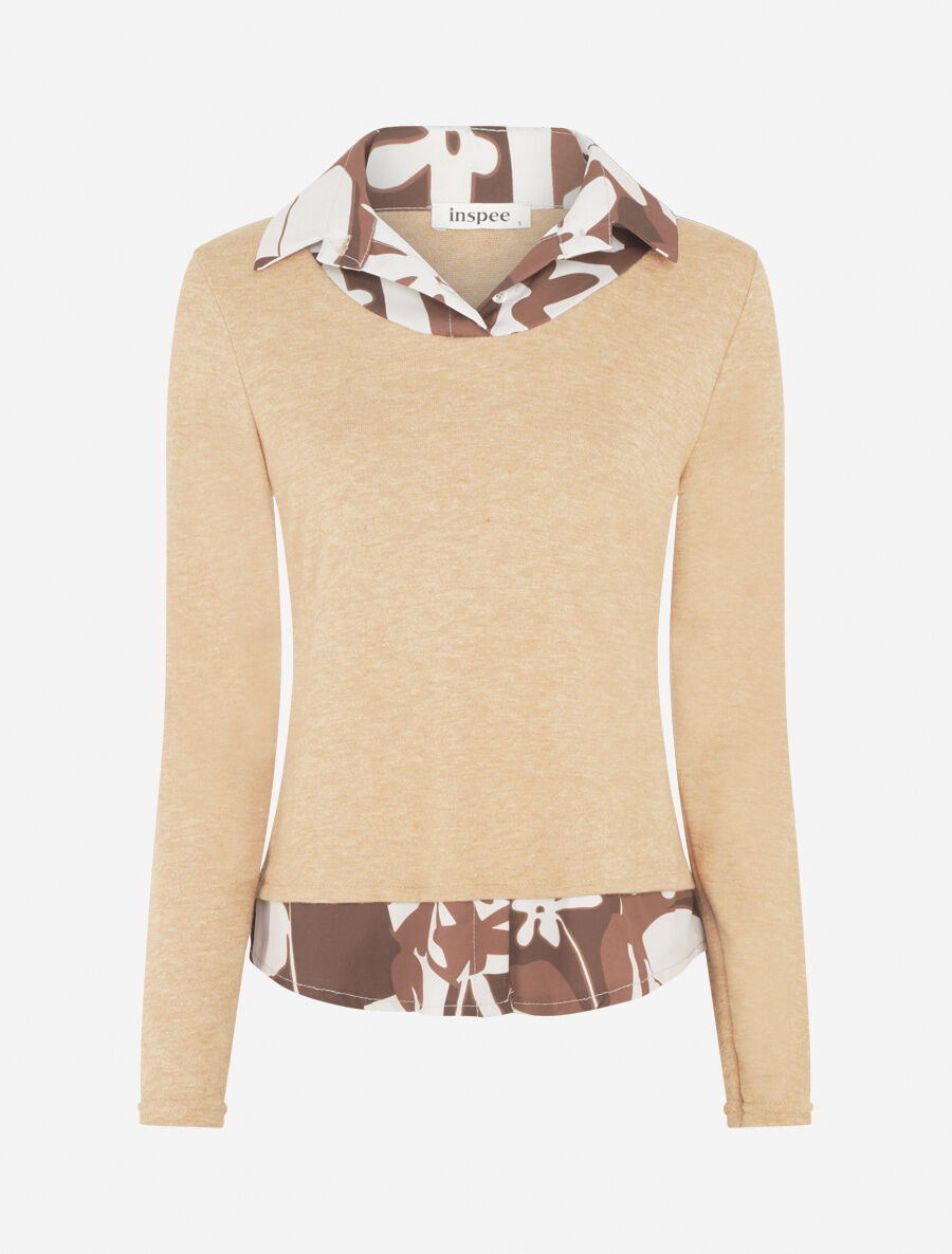 Pull fin à empiècement imprimé - Beige - 1