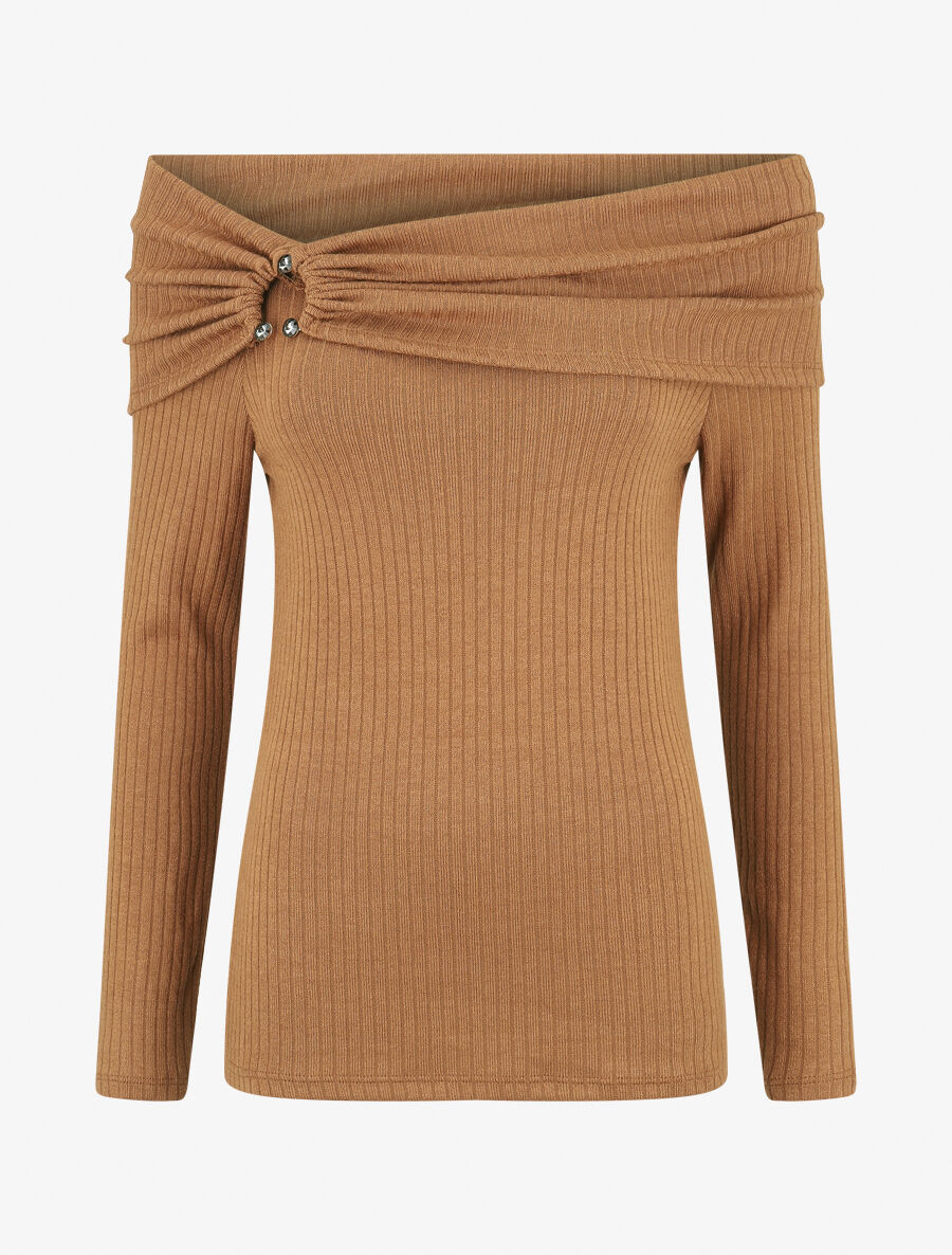 Pull fin côtelé à col bardot - Camel - 1
