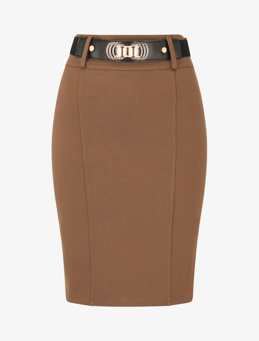 Jupe moulante fendue unie - Marron - 4