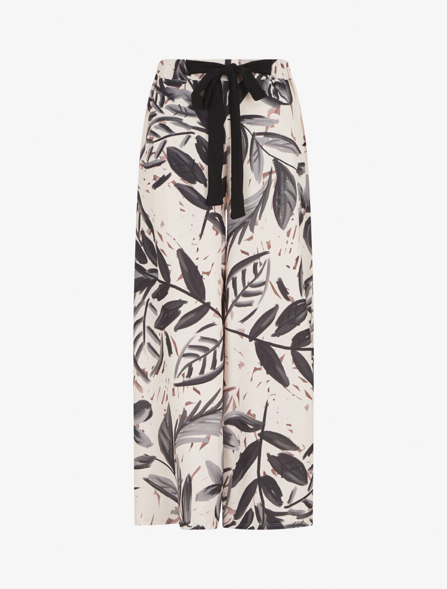 Pantalon ample taille haute imprimé feuilles - Noir - 1
