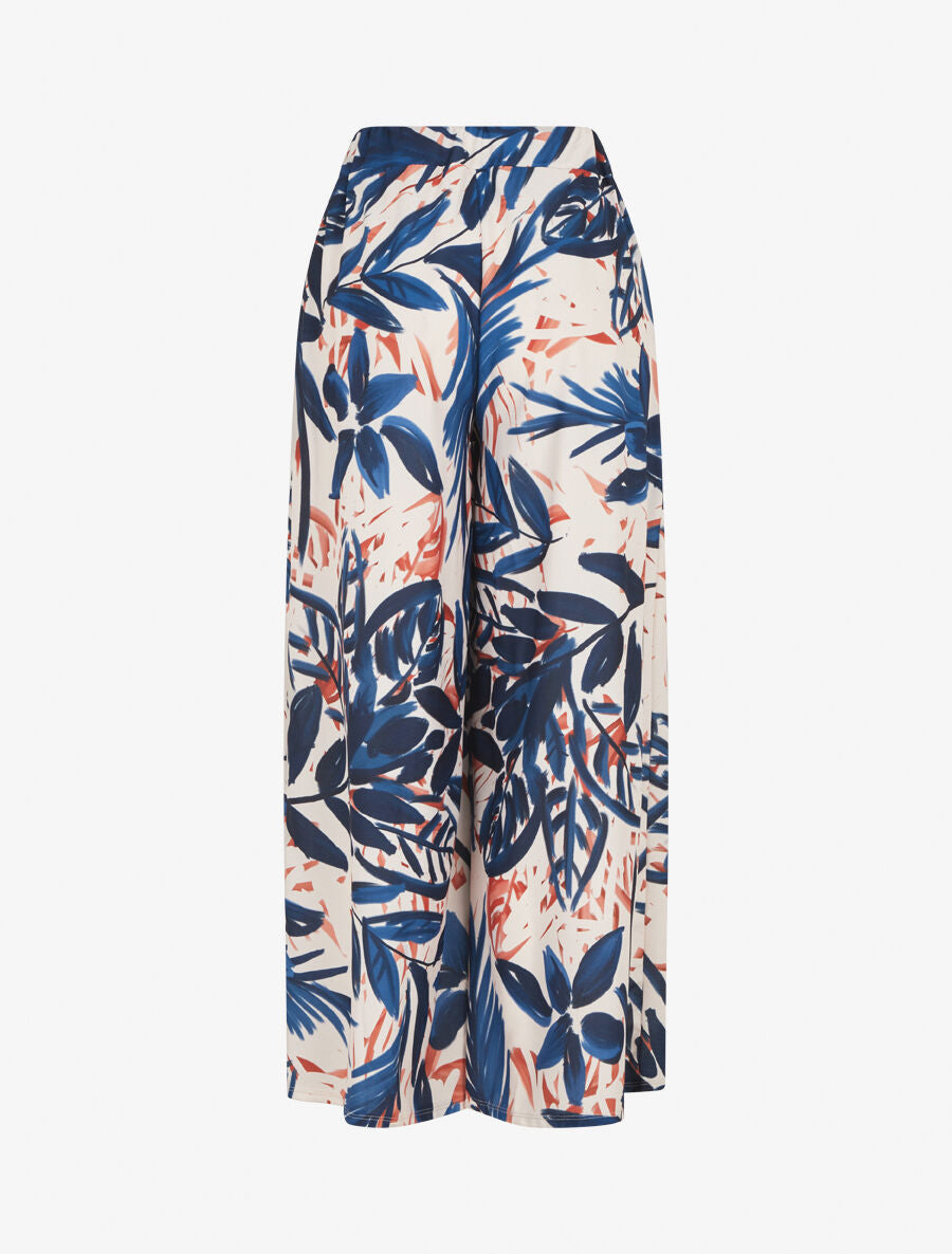 Pantalon ample taille haute imprimé feuilles - Marine - 2