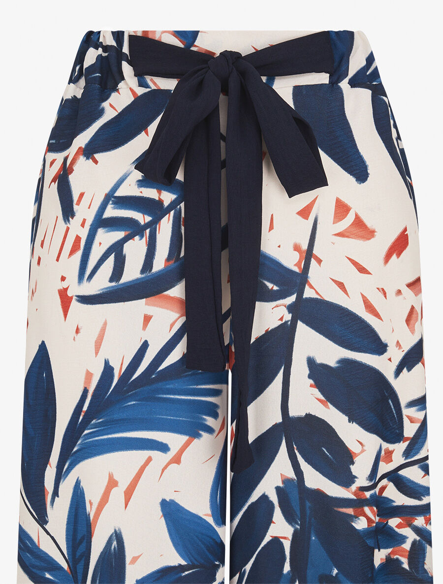 Pantalon ample taille haute imprimé feuilles - Marine - 3