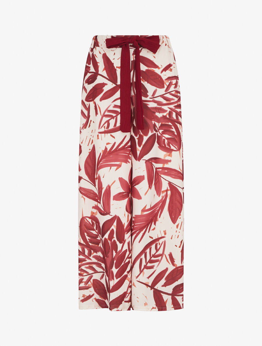 Pantalon ample taille haute imprimé feuilles - Bordeaux - 1