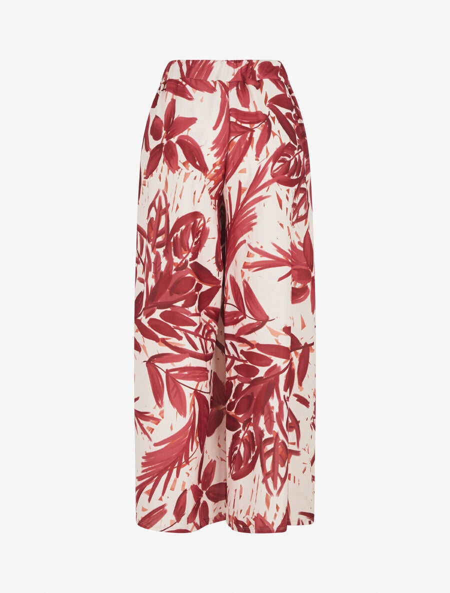 Pantalon ample taille haute imprimé feuilles - Bordeaux - 2