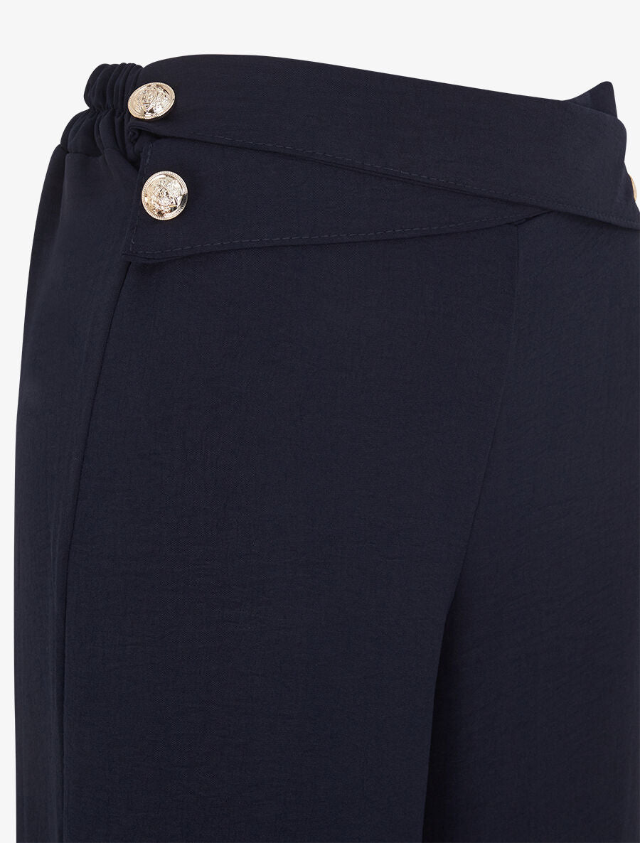 Pantalon ample taille haute à boutons - Marine - 3