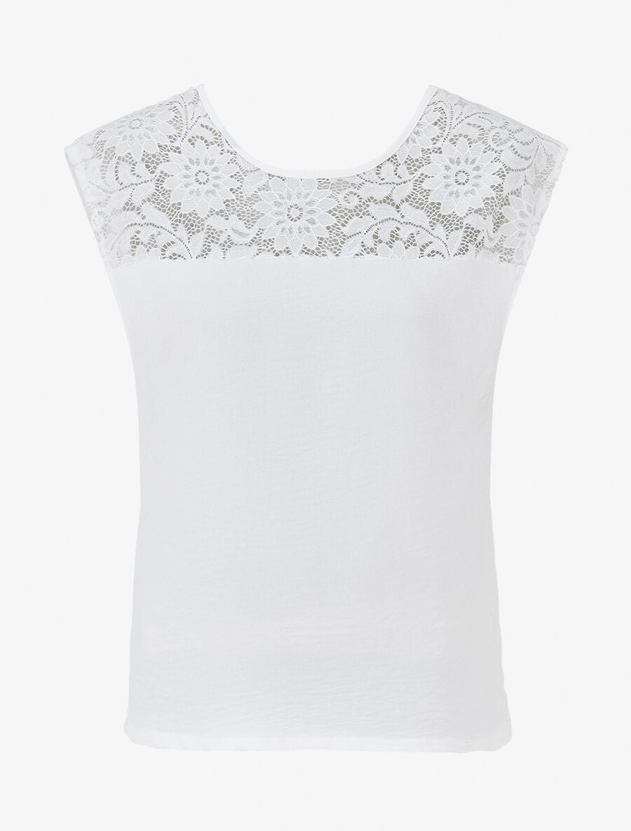 Top droit sans manches col en dentelle - Blanc - 1