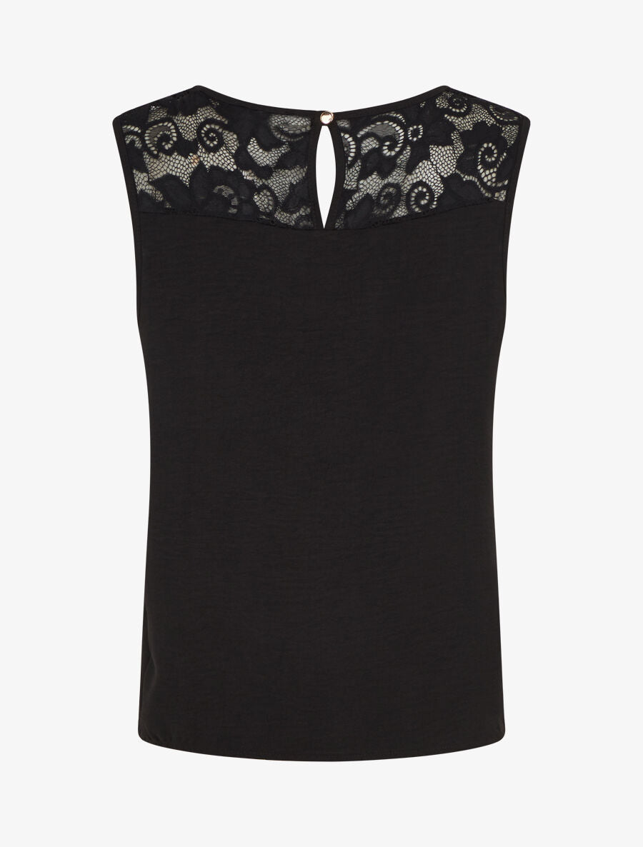 Top droit sans manches col dentelle - Noir - 2