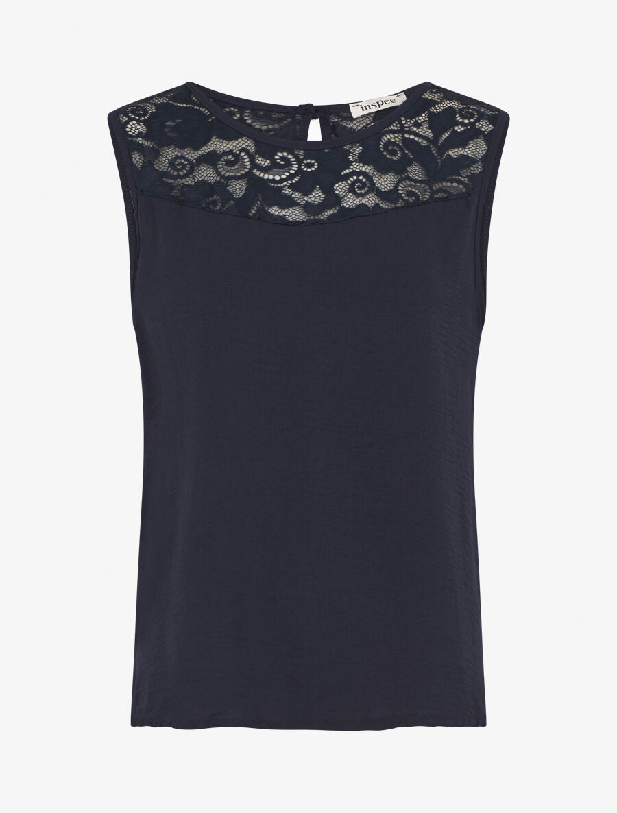 Top droit sans manches col dentelle - Marine - 1