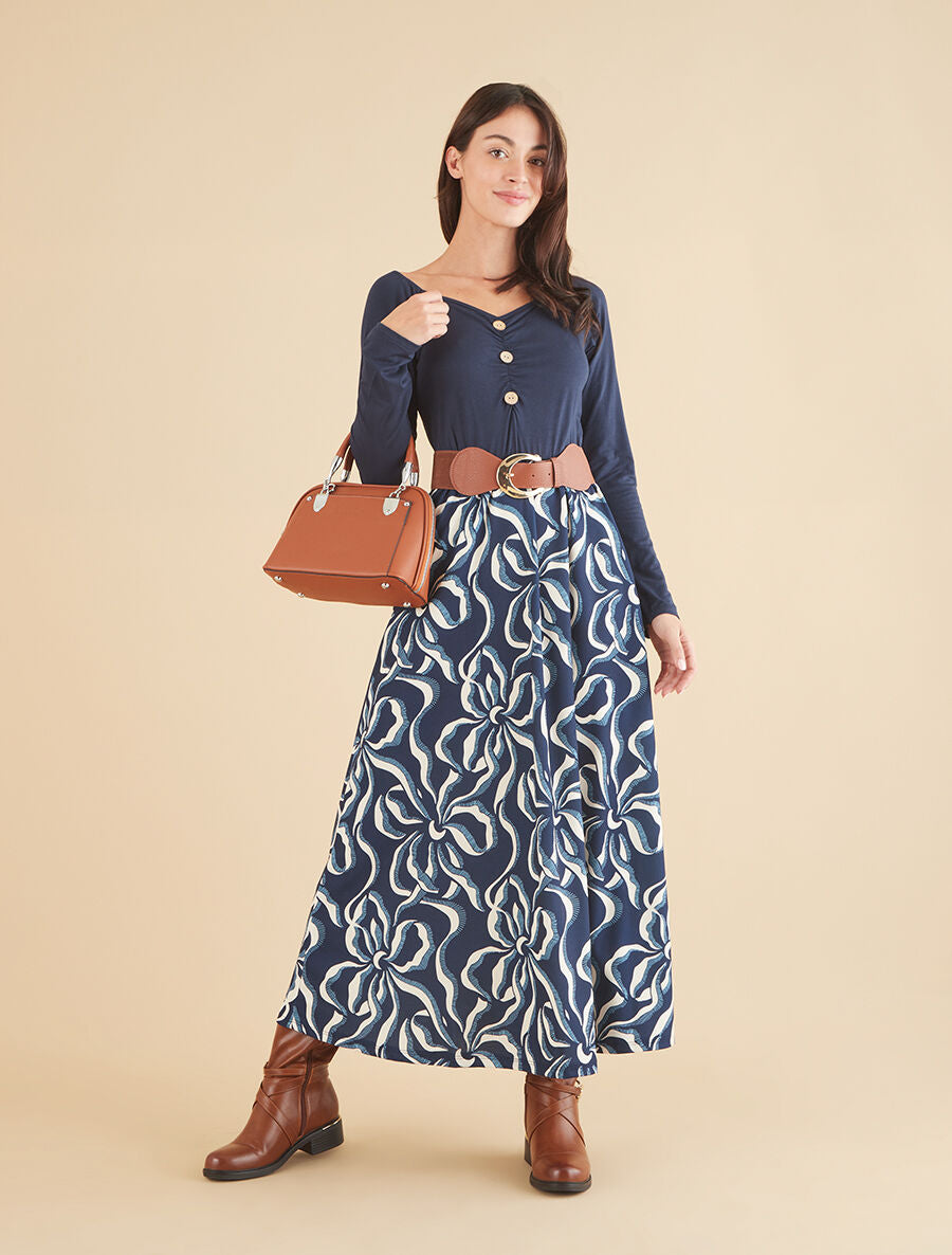 Robe évasée à jupe imprimée - Marine - 4