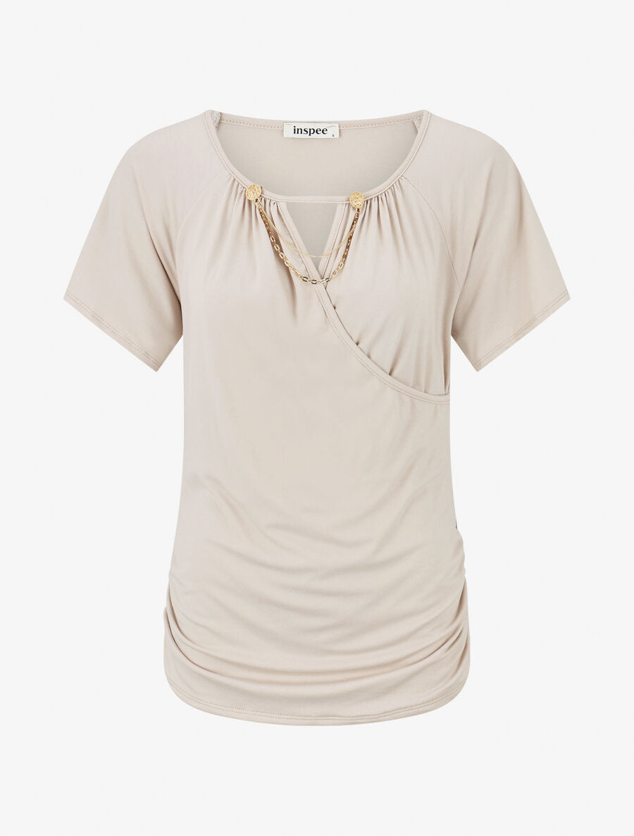 Top droit col cache coeur à chaînette - Beige - 1