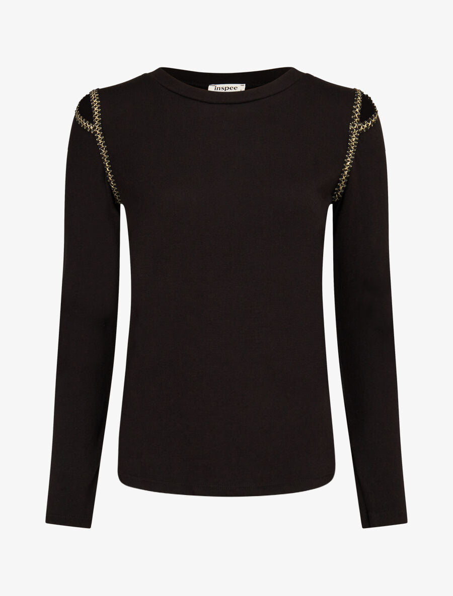 Pull fin à épaules ajourées et empiècements fantaisie - Noir - 1