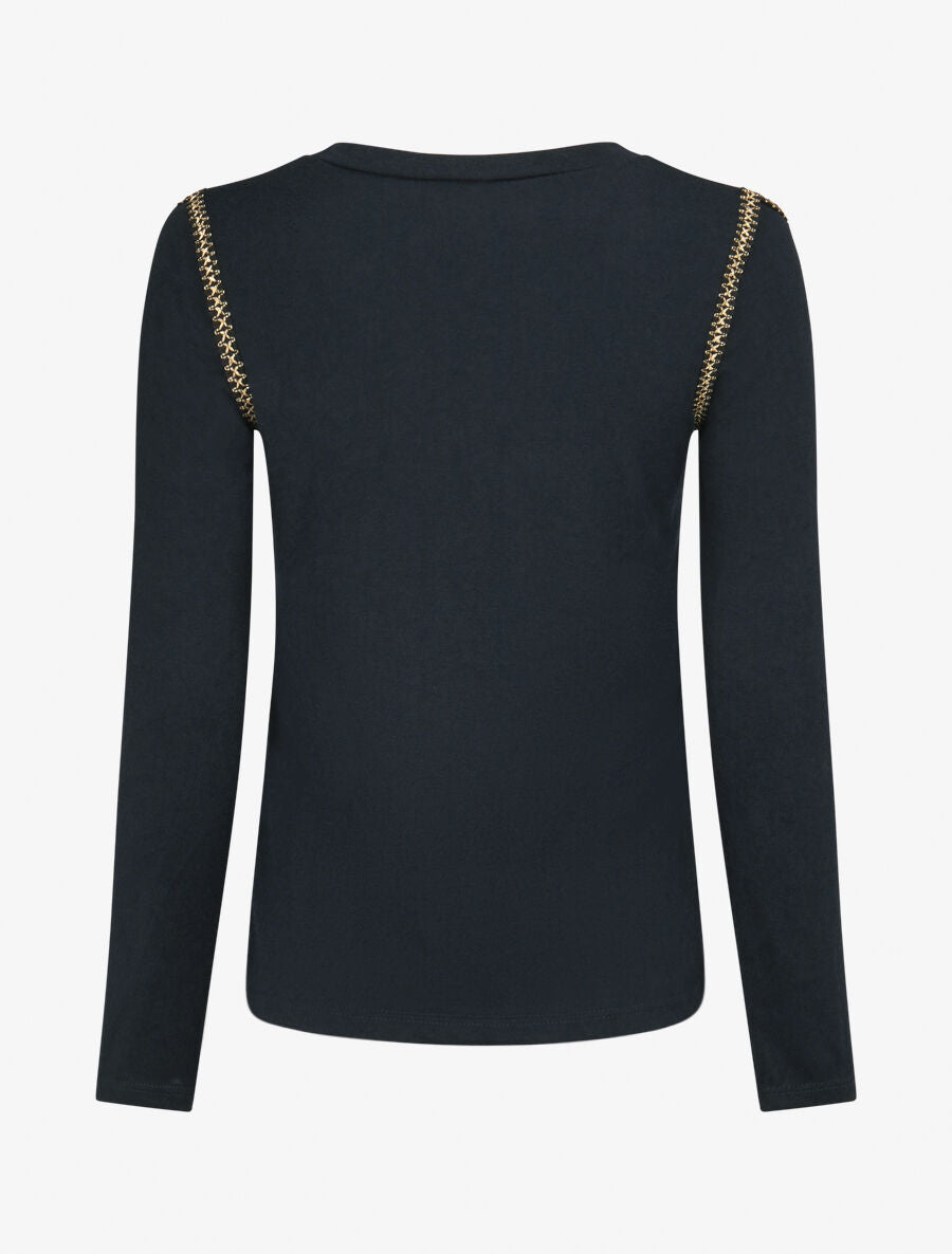 Pull fin à épaules ajourées et empiècements fantaisie - Marine - 2