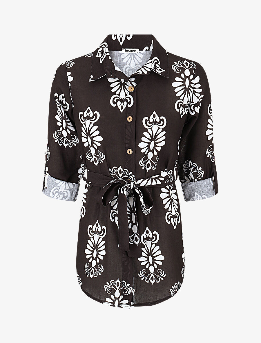 Chemise manches rabattables et motif arabesque - Noir - 1