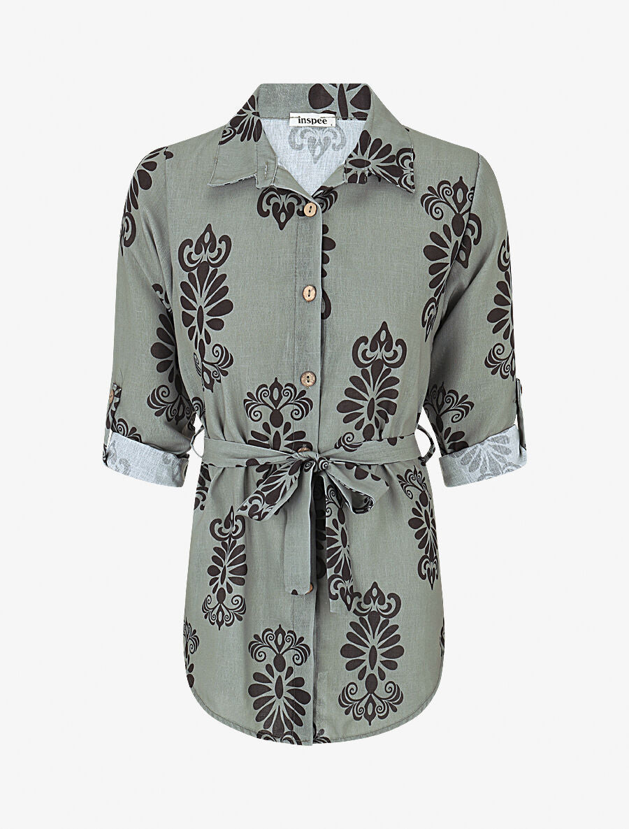 Chemise manches rabattables et motif arabesque - Vert olive - 1