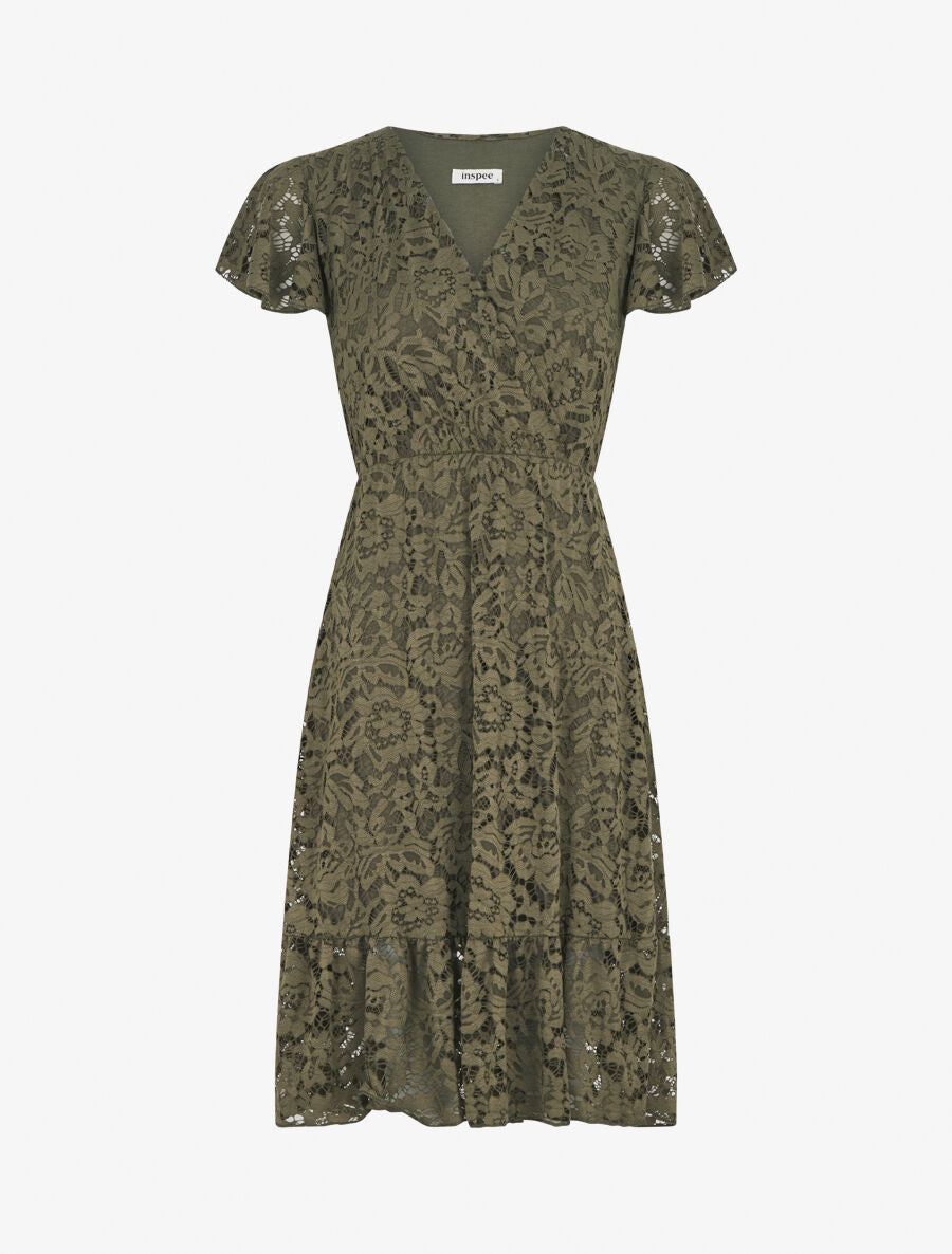 Robe mi-longue en dentelle - Kaki - 1