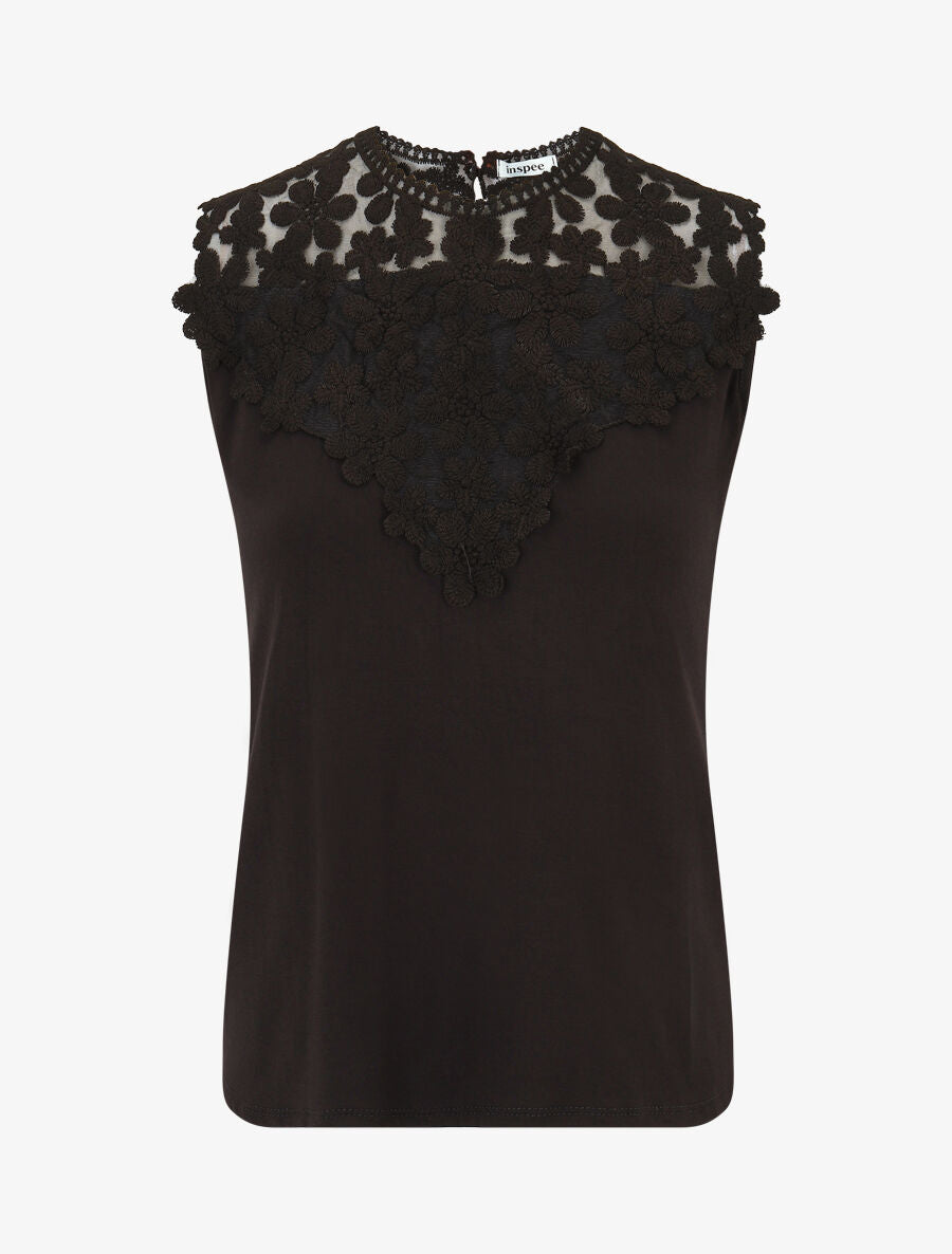 Top sans manches col rond en dentelle - Noir - 4