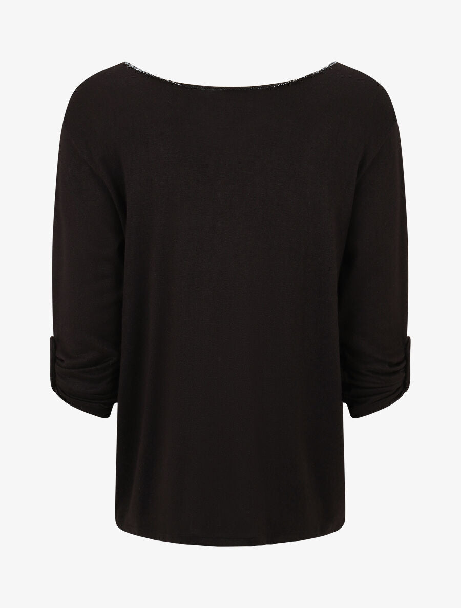 Pull fin à flocage irisé et manches retroussables - Noir - 2