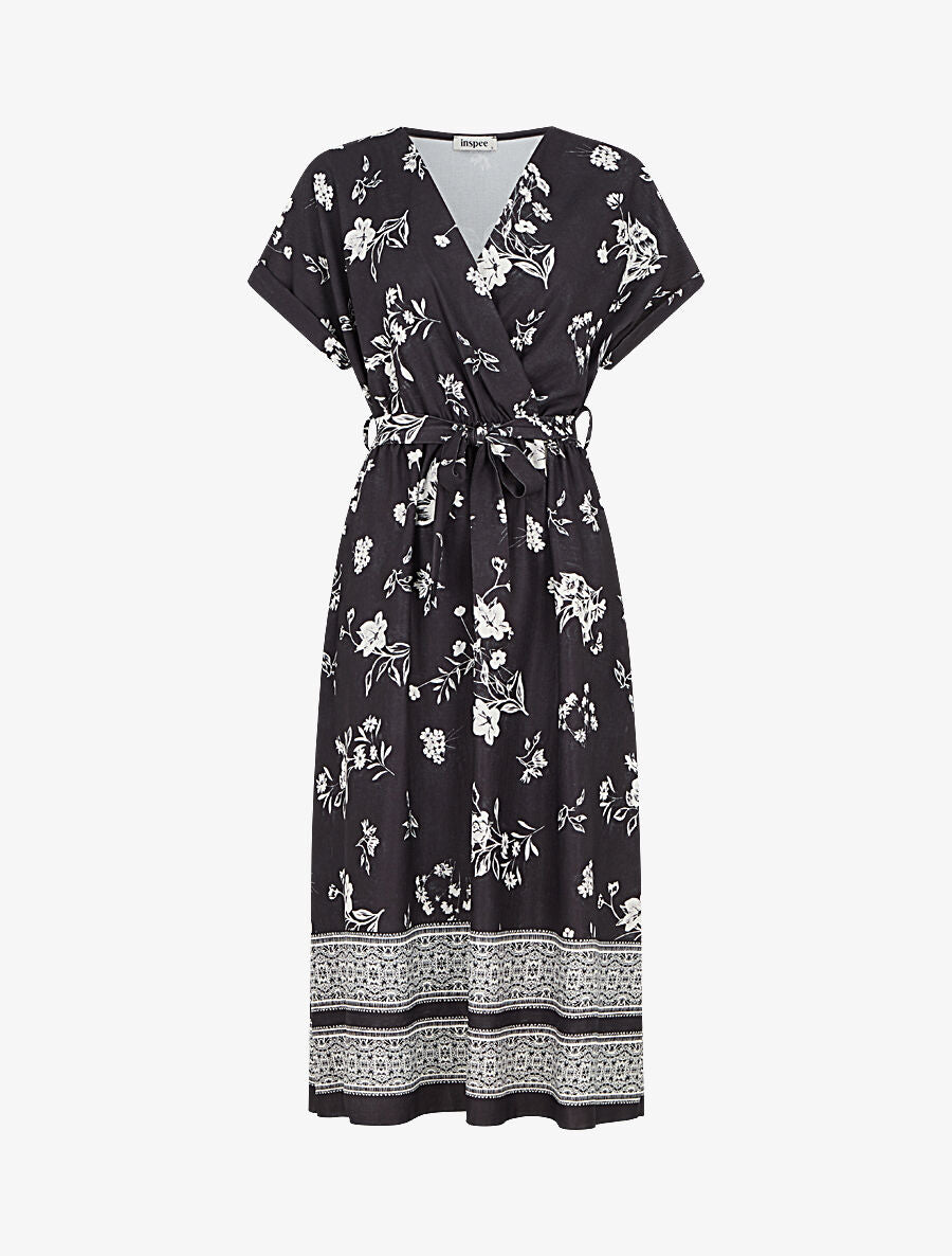 Robe longue manches courtes motif floral - Noir - 4