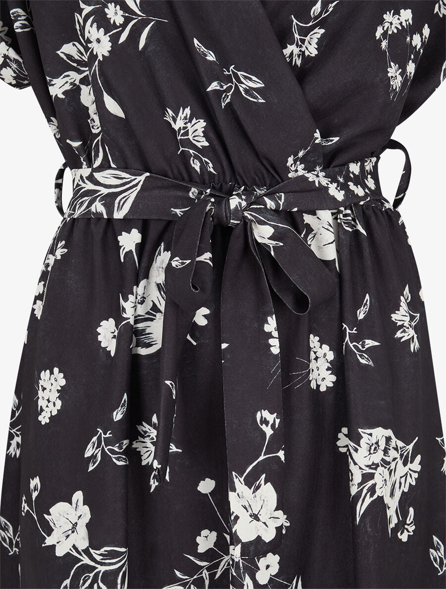 Robe longue manches courtes motif floral - Noir - 3